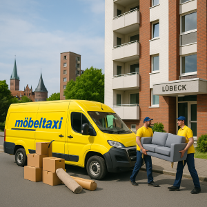 Umzug in Lübeck: Gelber möbeltaxi-Transporter vor einem Hochhaus