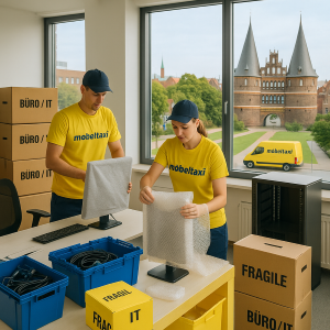 Büroumzug in Lübeck: Zwei Möbeltaxi-Mitarbeiter verpacken Monitore am Fenster