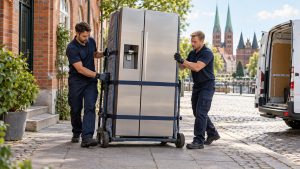 Helfer transportieren einen Side-by-Side-Kühlschrank in Lübeck
