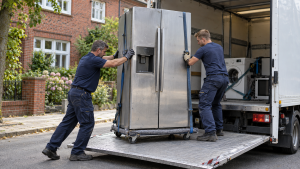 Helfer laden einen alten Kühlschrank zur Elektroschrottabholung in Lübeck