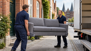 Helfer tragen eine Schlafcouch zum Möbeltaxi Lübeck