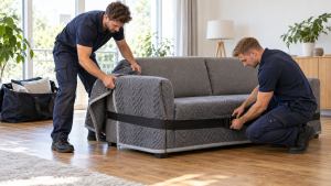 Möbeltaxi-Helfer schützen eine Schlafcouch mit Decken und Gurten