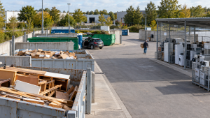 Wertstoffhof mit getrennten Sammelbereichen für Abfälle und Elektrogeräte