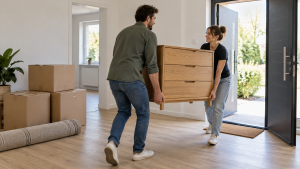 Zwei Helfer tragen eine Kommode aus der Wohnung