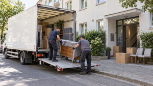 Umzugswagen wird vor einem Wohnhaus mit Möbeln beladen