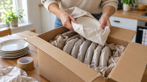 Teller werden gepolstert in einen Umzugskarton gepackt