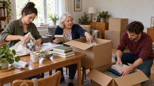 Zwei junge Helfer unterstützen eine ältere Dame beim Packen