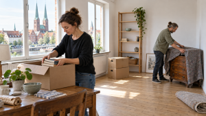 Hausrat wird sortiert und eine Kommode für den Transport geschützt