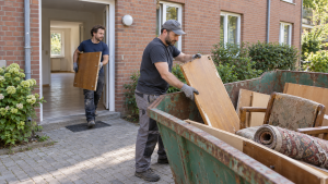 Helfer entsorgen Möbelteile vor einer leergeräumten Wohnung